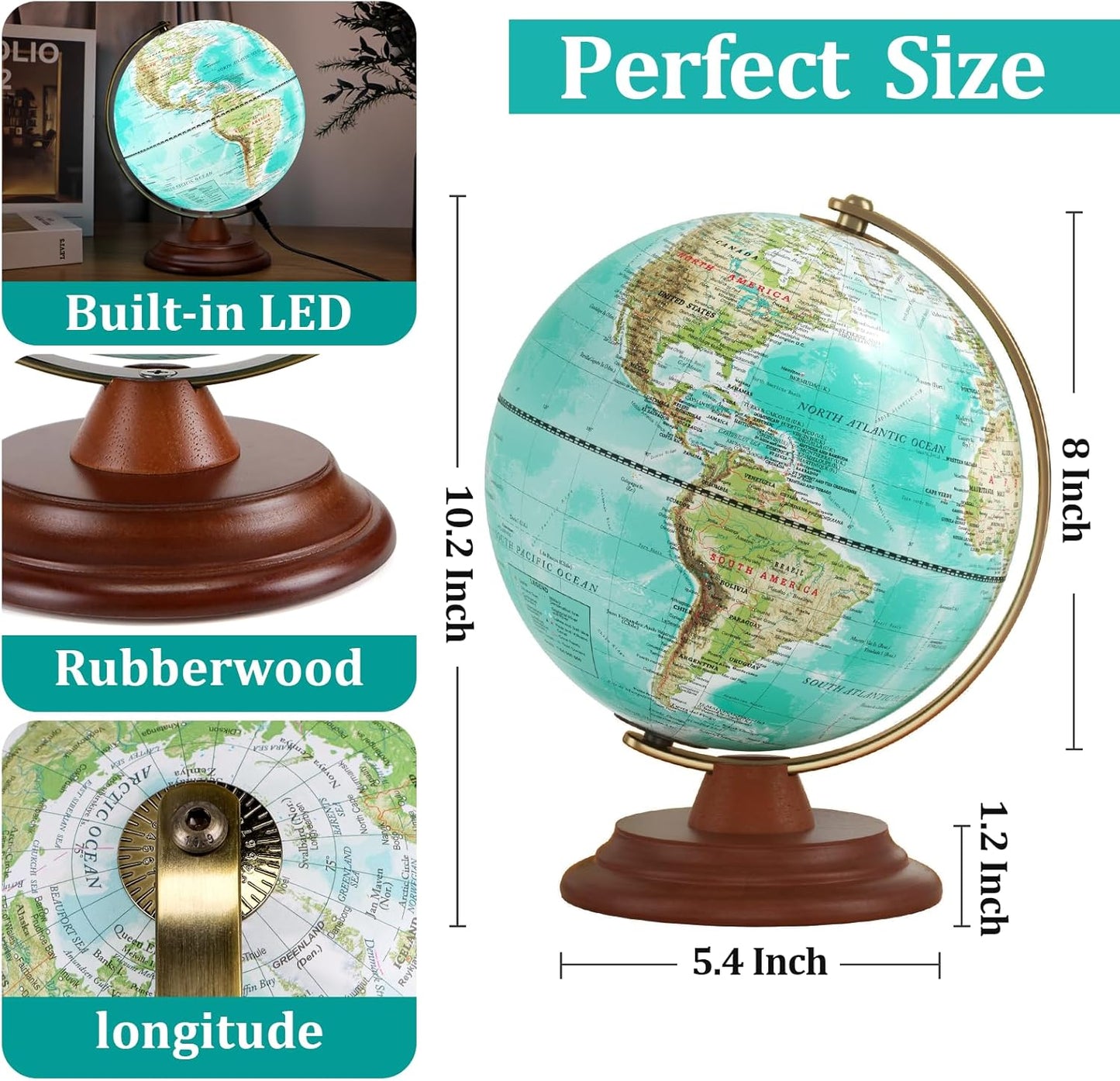 Globe for Kids Illuminated Globes of the World with Stand & Animals Illustrations Earth World Globe Night Light for Kids' Room Decor Classroom Educational Tool Birthday Gift, Dia 8-inch