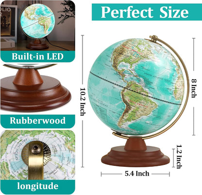 Globe for Kids Illuminated Globes of the World with Stand & Animals Illustrations Earth World Globe Night Light for Kids' Room Decor Classroom Educational Tool Birthday Gift, Dia 8-inch