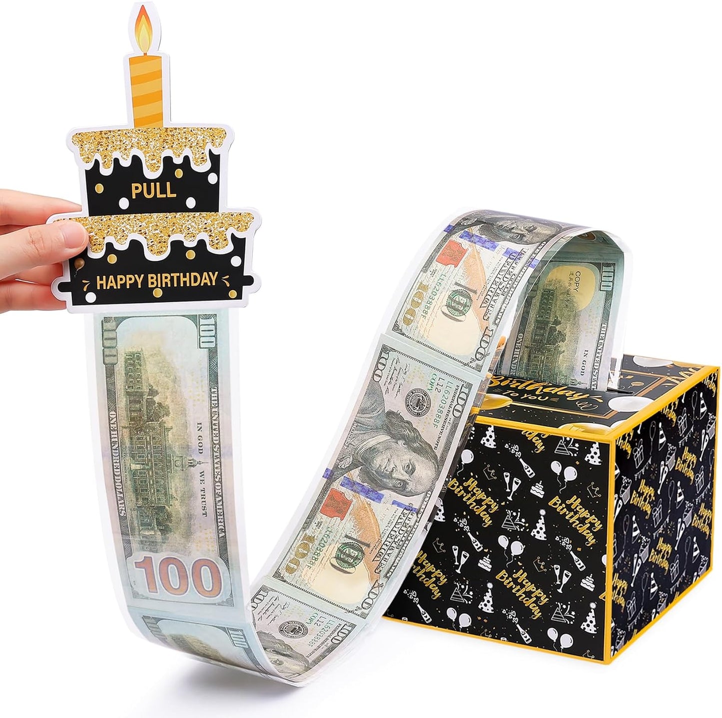 Birthday Money Box for Cash Gift Pull, Surprise Gift Boxes for Money, Money Holder Box with Pull Out Happy Birthday Card and 50Pcs Transparent Bags, Money Gift Ideas for Kids and Adults