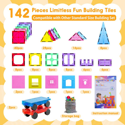 Upgraded Antibacterial Magnetic Tiles - 106 PCS Magnet Building Tiles with 2 Cars for Kids, Inhibits Bacterial Growth for Safe Play, 3D STEM Educational Construction Blocks & Xmas Gift