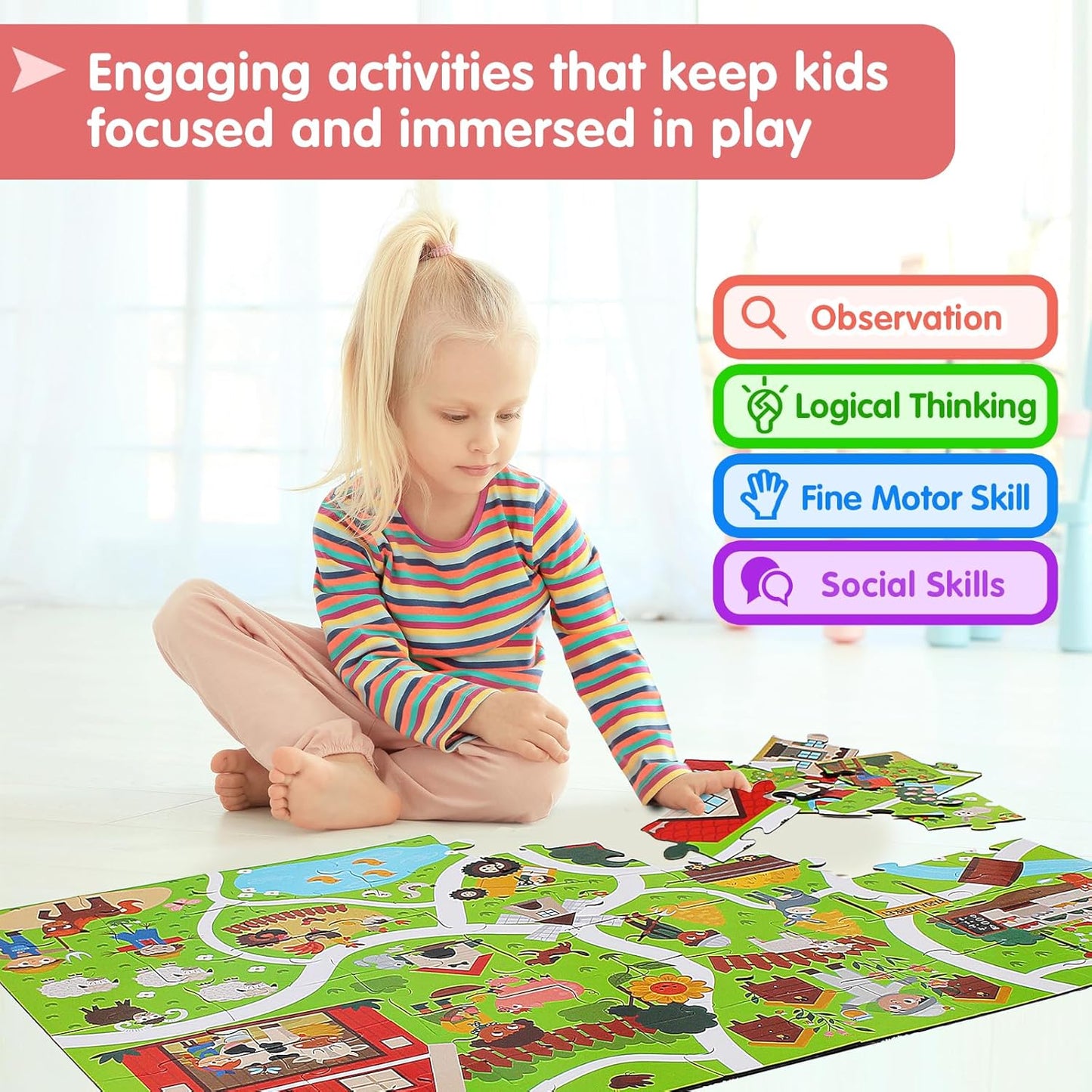 Jumbo Floor Puzzle for Kids Ages 3-5, Giant City Race Tracks Jigsaw Puzzles for Toddler 2-4 (60pcs 35.4x23.4 Inch Extra-Thick Cardboard), Educational Preschool Toy for 4-6 Year Old