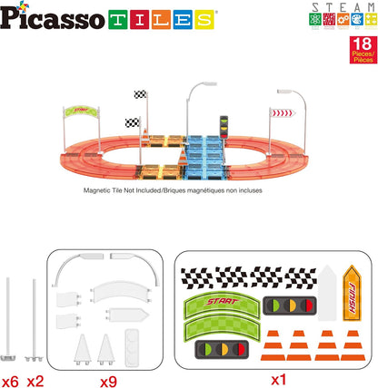 PicassoTiles Magnetic Tiles Race Track Car Thrilling Toy Playset Includes 2 Racing Trucks STEM Educational Magnet Tile Building Block Construction Set for Toddlers Boys Girls Ages 3 and Older PTR30