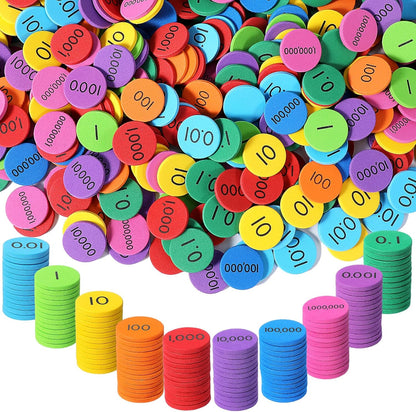 1000 Pcs Place Value Disks 10 Decimals to Whole Numbers Counting Chips for Kids Base 10 Place Value Manipulatives Math Counters Discs Set for Elementary School Math Supplies