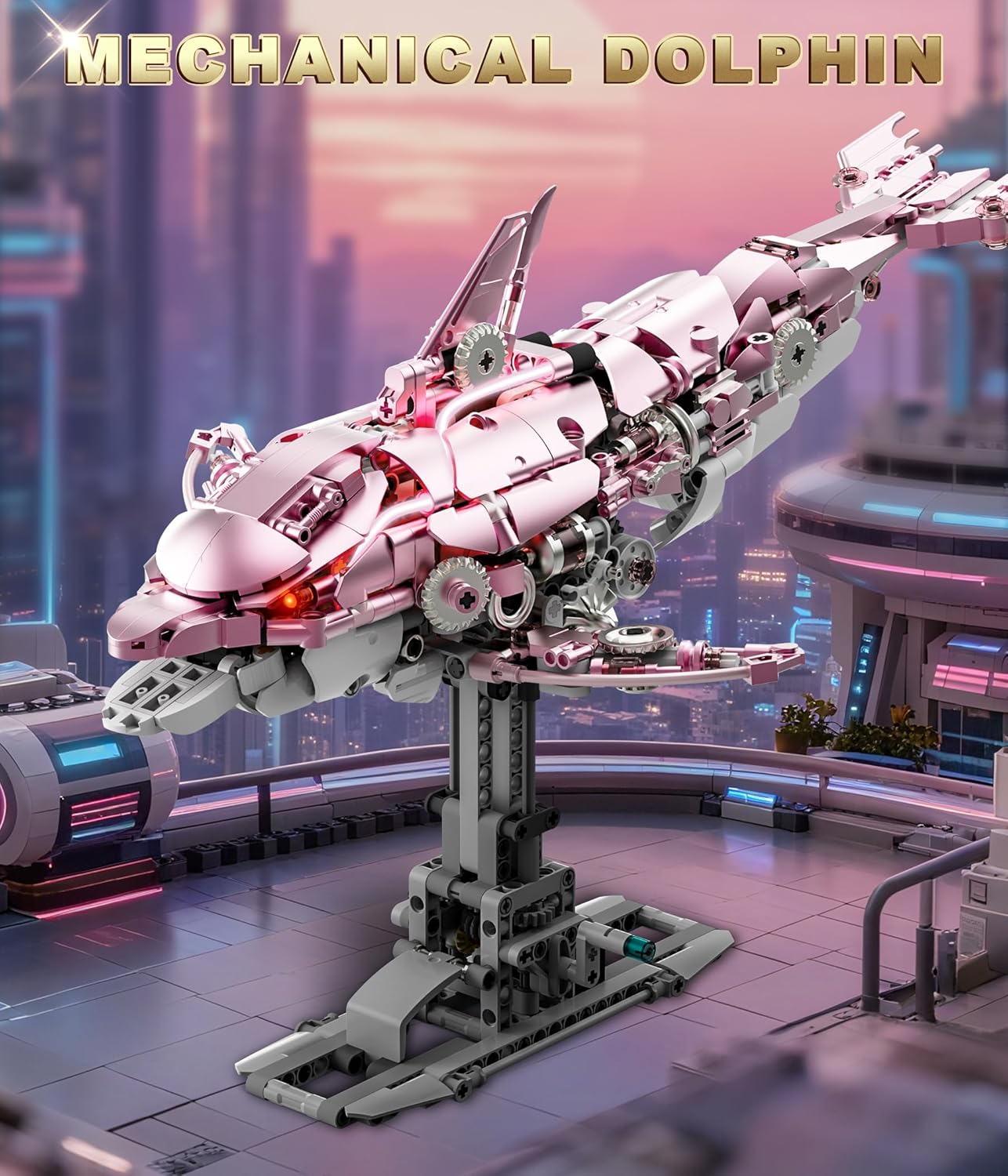 Moving Mechanical Dolphin Building Set - Hand Crank Model Kit with Swimming Tail, Movable Jaw & Glowing Lights | STEM Educational Toy & Unique Desk Decor for Ages 8+, Adults, Blue