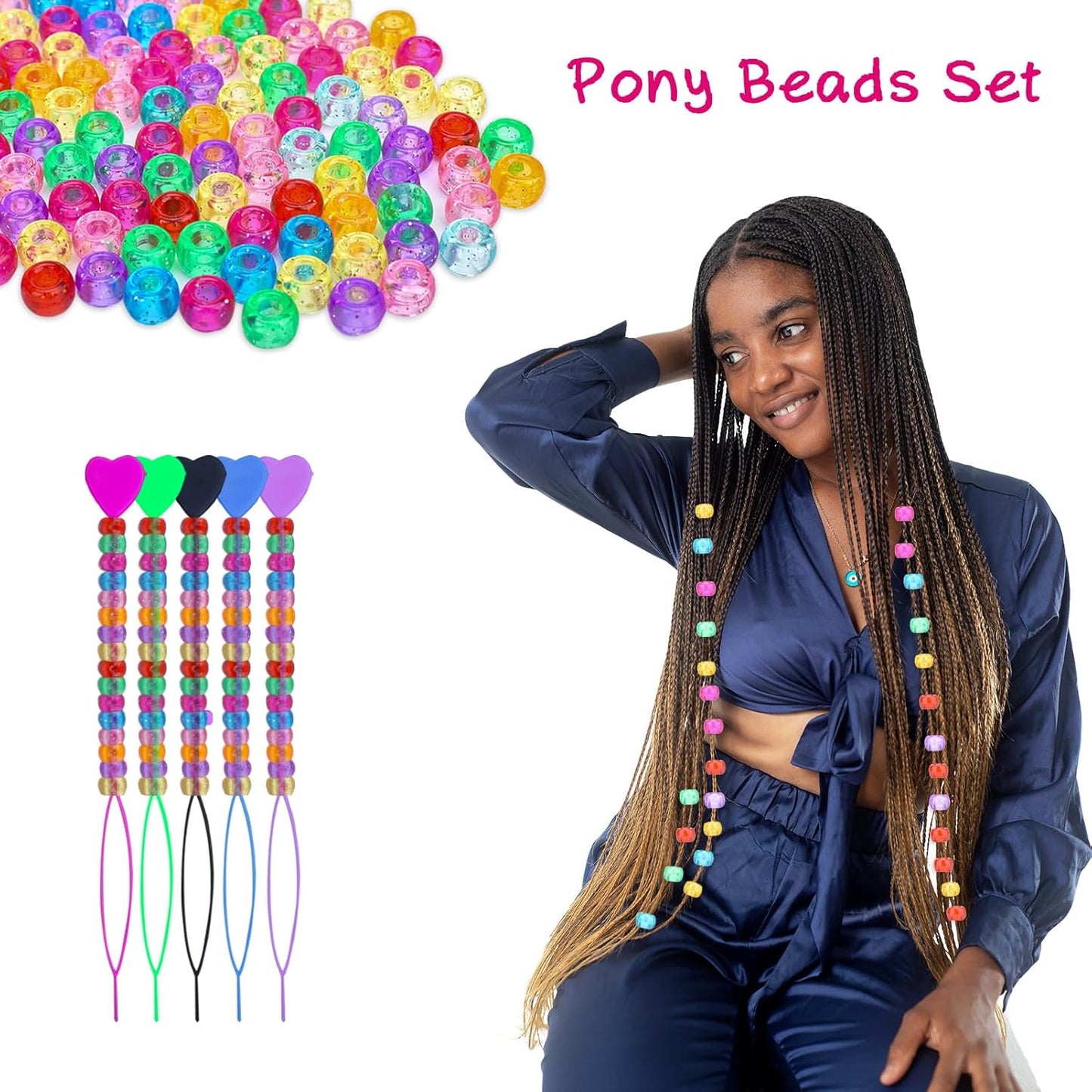 1008 Pcs Hair Beads Kit for Girls and Kids Hair Braids, 500Pcs 9x6mm Glitter Pony Beads, 500Pcs Mini Elastic Rubber Bands, 5Pcs Quick Beaders, 1Pcs Rattail Comb and 2Pcs Duckbill Clips