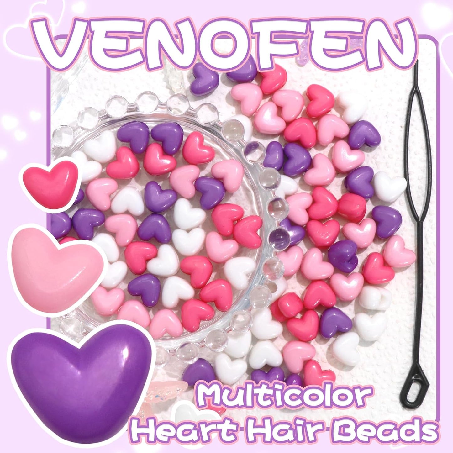 90PCS Heart Hair Beads for Braids Blue Pink Loc Dreadlock Valentine's Day Bead Accessories Purple Cute Acrylic Heart Shape Beads for Kids Girls
