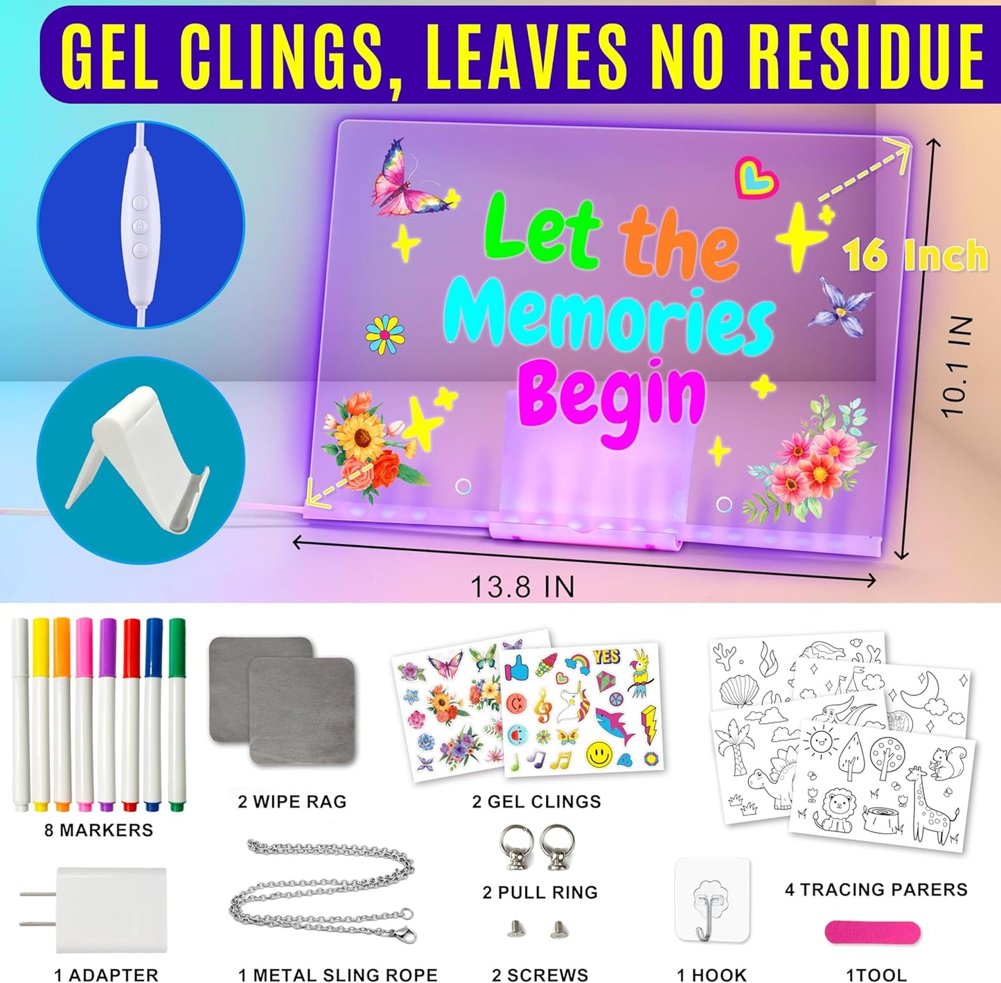 LED Drawing Board, 14'' Acrylic Note Board with Colors, Include LED Light Up Writing Pad 4 Modes & 7 Colors, 8 Markers, Stand, Hanging Chain, 2 Gel Clings, Holiday Gift