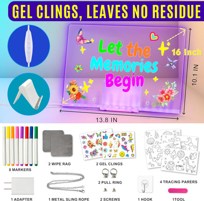 LED Drawing Board, 14'' Acrylic Note Board with Colors, Include LED Light Up Writing Pad 4 Modes & 7 Colors, 8 Markers, Stand, Hanging Chain, 2 Gel Clings, Holiday Gift