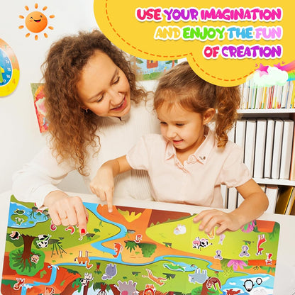 Sticker Books for Toddlers 2-4 Years, Travel Sticker Book with Washable Jelly Stickers, Foldable Carry Handle Quiet Toy, 5 Theme Scenes for Kids 3-5, Dinosaur+Space+Ocean+Fairy Tale+Pizza