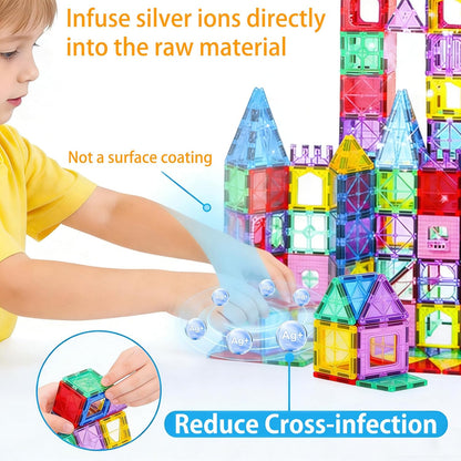 Upgraded Antibacterial Magnetic Tiles - 106 PCS Magnet Building Tiles with 2 Cars for Kids, Inhibits Bacterial Growth for Safe Play, 3D STEM Educational Construction Blocks & Xmas Gift