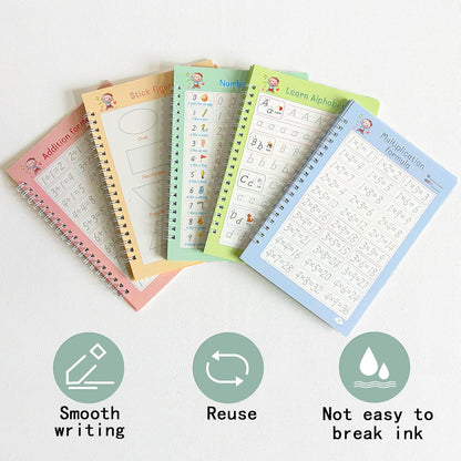 Grooved Magic Practice Copybook, Reusable Writing Practice Book, for Preschool Kids Age 3-8 Calligraphy (5 Books with 40 Pens) (Colorful)