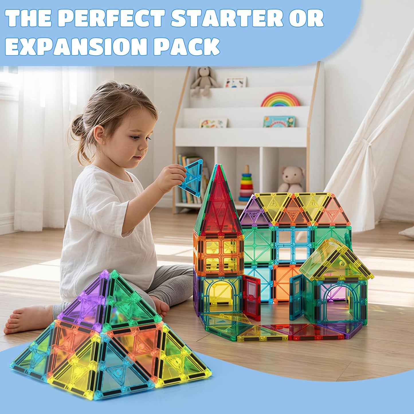 STEM Magnetic Tiles 70PCS Educational Toys for Kids Ages 3-8, Montessori Sensory Magnet Blocks for Toddlers, Classroom & Home Construction Kit