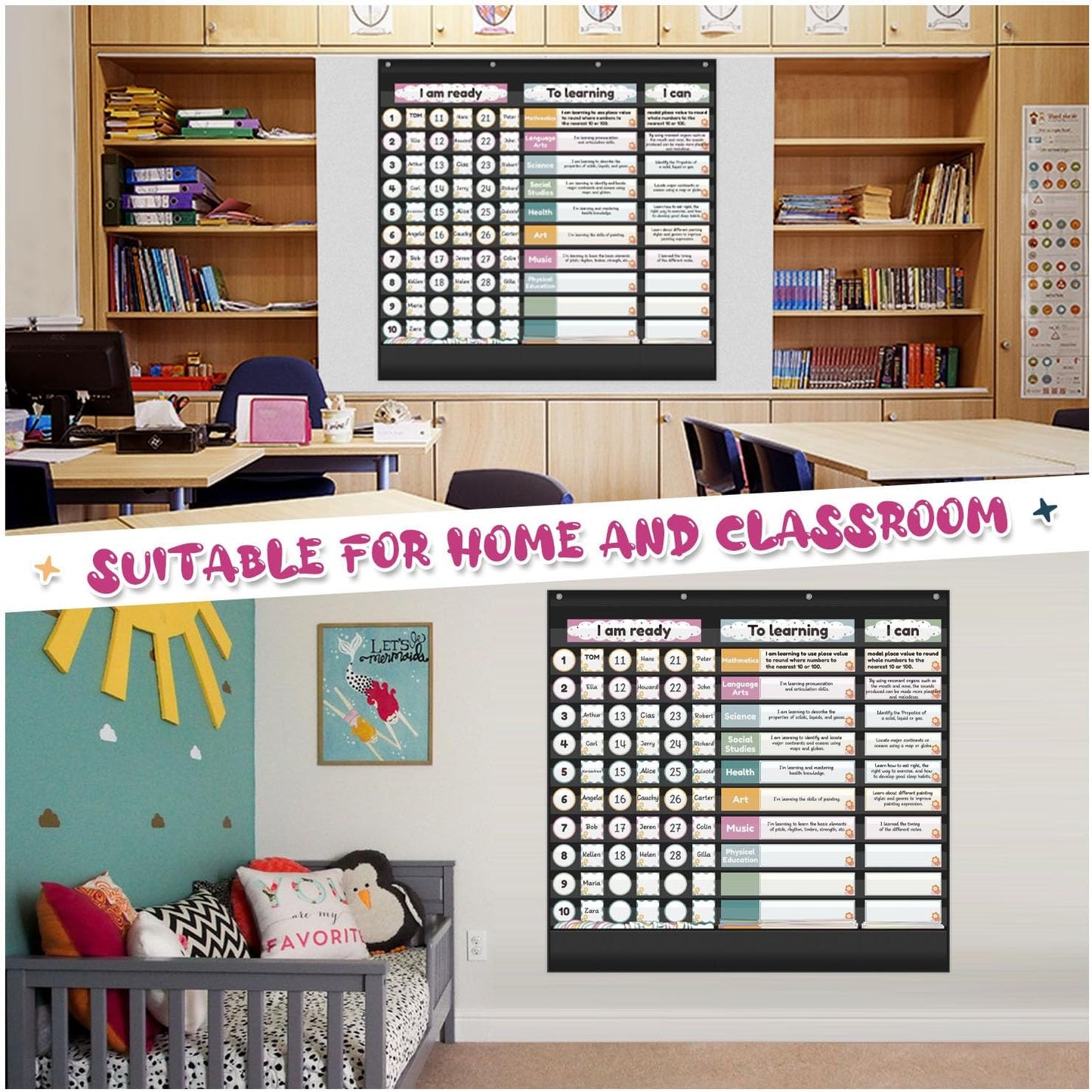 Visible Learning Classroom Pocket Chart - Reusable Dry Erase Learning Goals Board, Motivational Incentive Chart for Learning Goals, Behavior Tracking & Centers Rotation, Homeschool(Black)