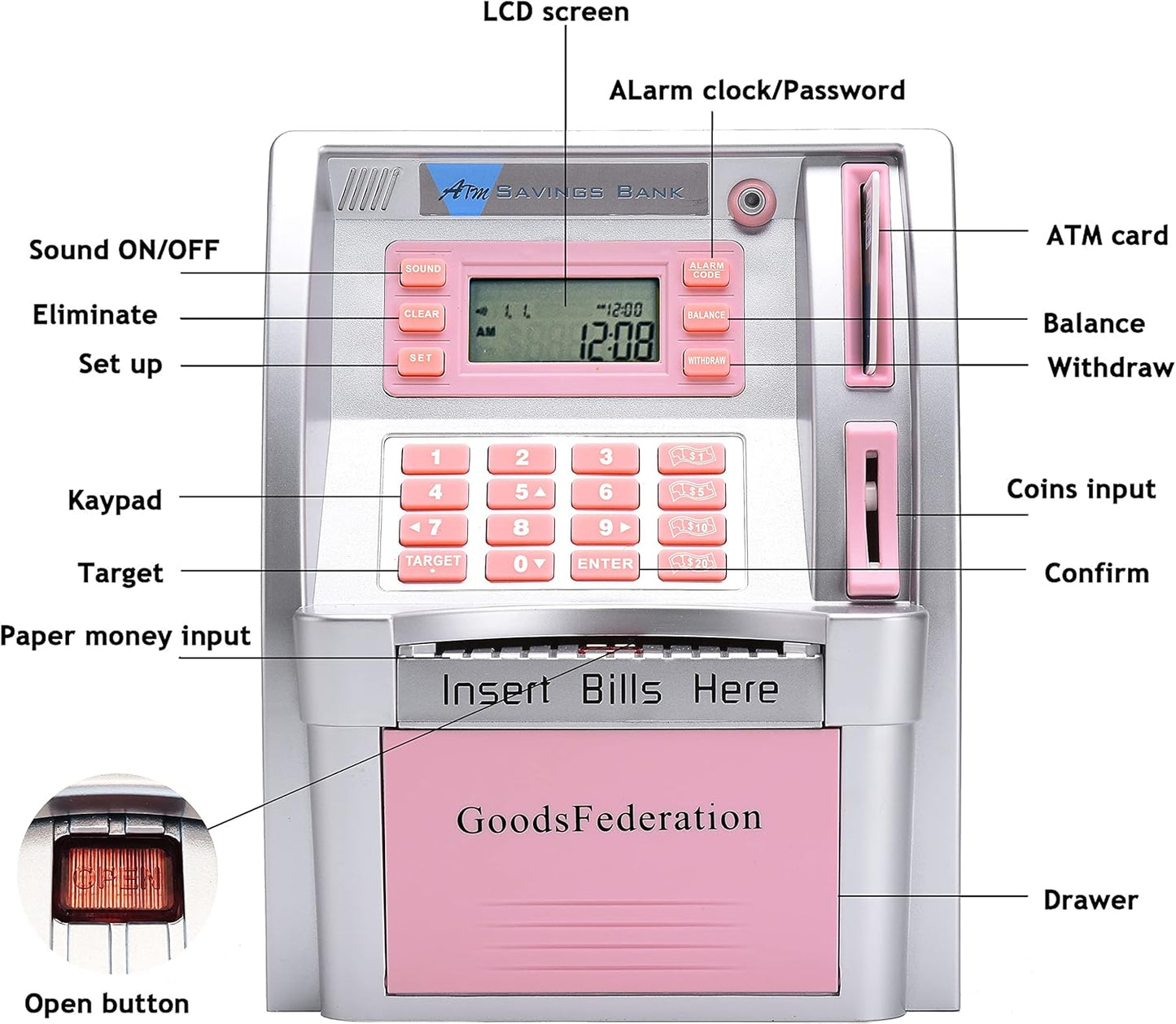 ATM Piggy Bank for Real Money for Kids Adults,Toy Money Bank with Card,Password,Coin Recognition,Bill Feeder,Balance Calculator,Electronic Money Safe Coin Box,Hot Gift for Boys Girls