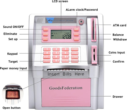 ATM Piggy Bank for Real Money for Kids Adults,Toy Money Bank with Card,Password,Coin Recognition,Bill Feeder,Balance Calculator,Electronic Money Safe Coin Box,Hot Gift for Boys Girls