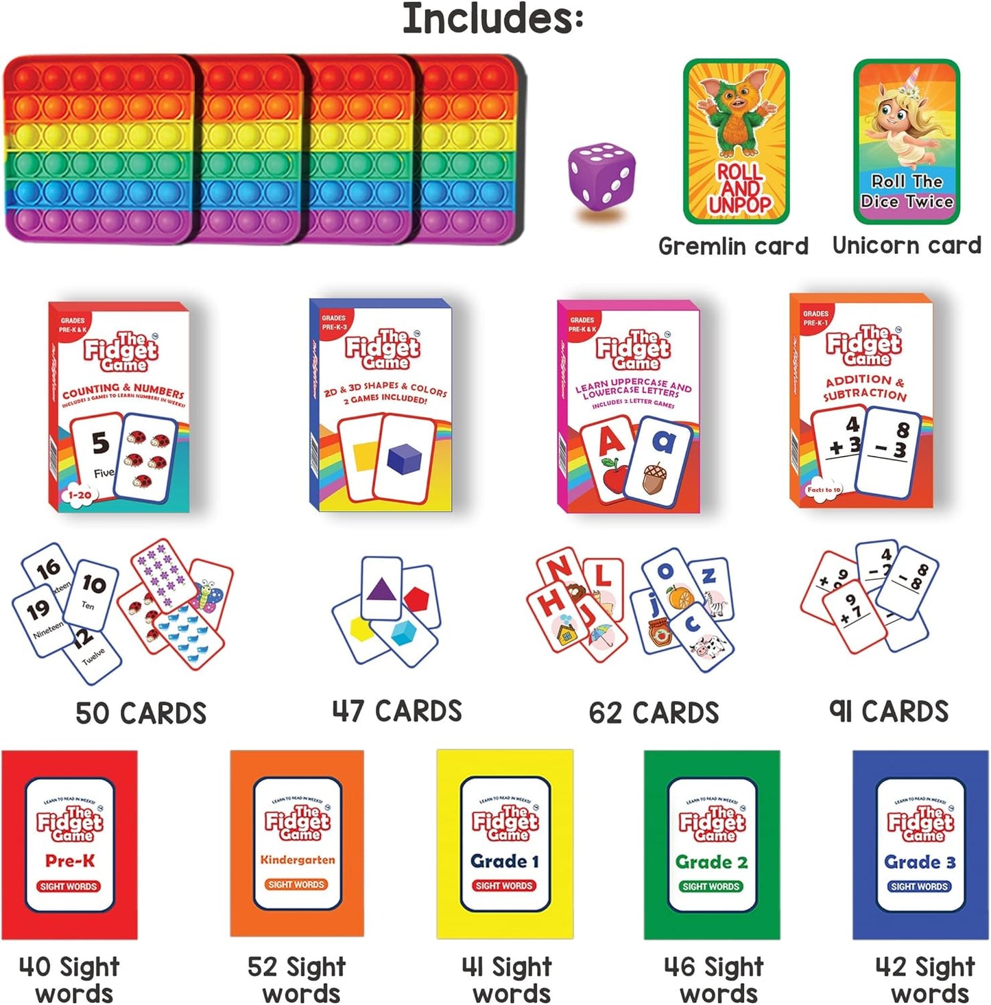 THE FIDGET GAME Sight Words Game - Reading Flashcards and Pop Fidget Toys for Kids K to Second Grade - Learning Activities and Games for High-Frequency Dolch Sight Words - Includes Mats and Dice