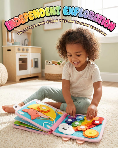 Montessori Busy Book for Toddlers, 8-Page Sensory Activity Book for Fine Motor Skills & Basic Dress Learning, Portable Travel Toy for Preschool Kids, Birthday Gift for Boys and Girls (Blue)