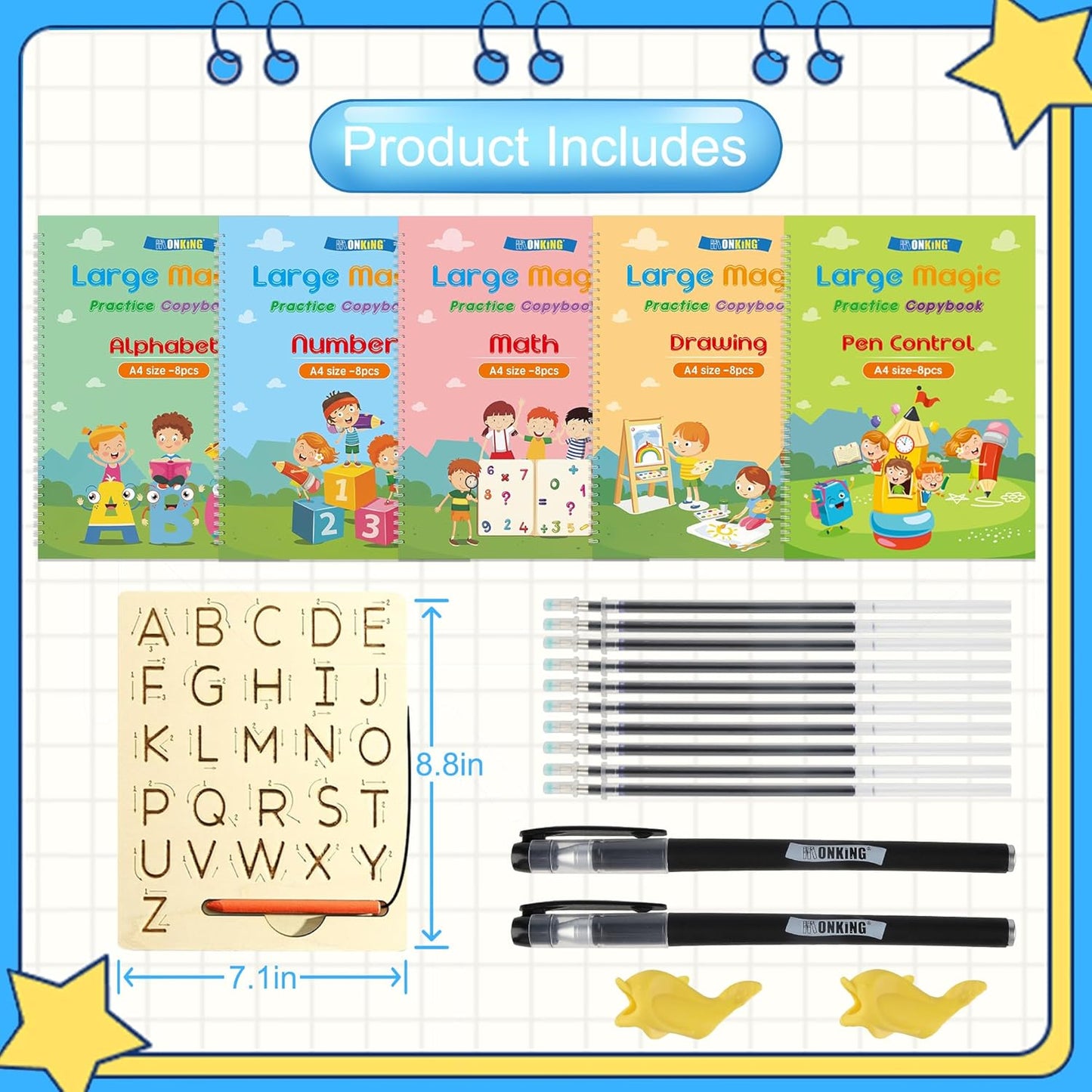 Large Magic Practice Copybook for Kids,Handwriting Grooved Practice Book 6 Pack with Pen Refill English Cursive Calligraphy Reusable Age 3-8（A4 Size）