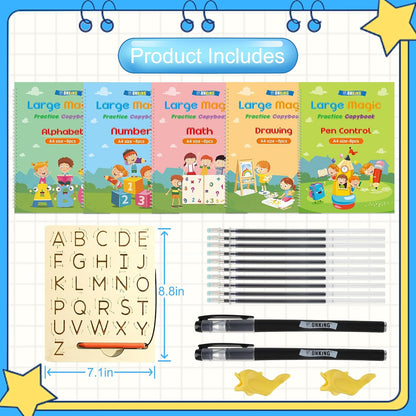 Large Magic Practice Copybook for Kids,Handwriting Grooved Practice Book 6 Pack with Pen Refill English Cursive Calligraphy Reusable Age 3-8（A4 Size）