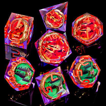 Magic Golden Ring DND Dice Set Sharp Edge Red Resin Dice with Box, for use with Dungeons Dragon RPG D&D Tabletop Games Lord D and D Polyhedral Dice Set