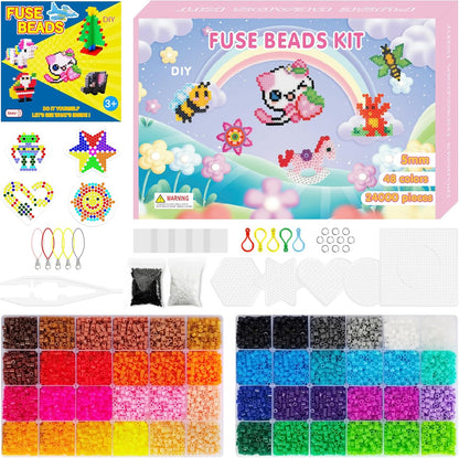 24,000 Fuse Beads Kit for Kids, 48 Colors 5mm Melting Beads Set with Pegboards, Ironing Paper, Tweezers & Accessories, Arts and Crafts Activity for Boys and Girls