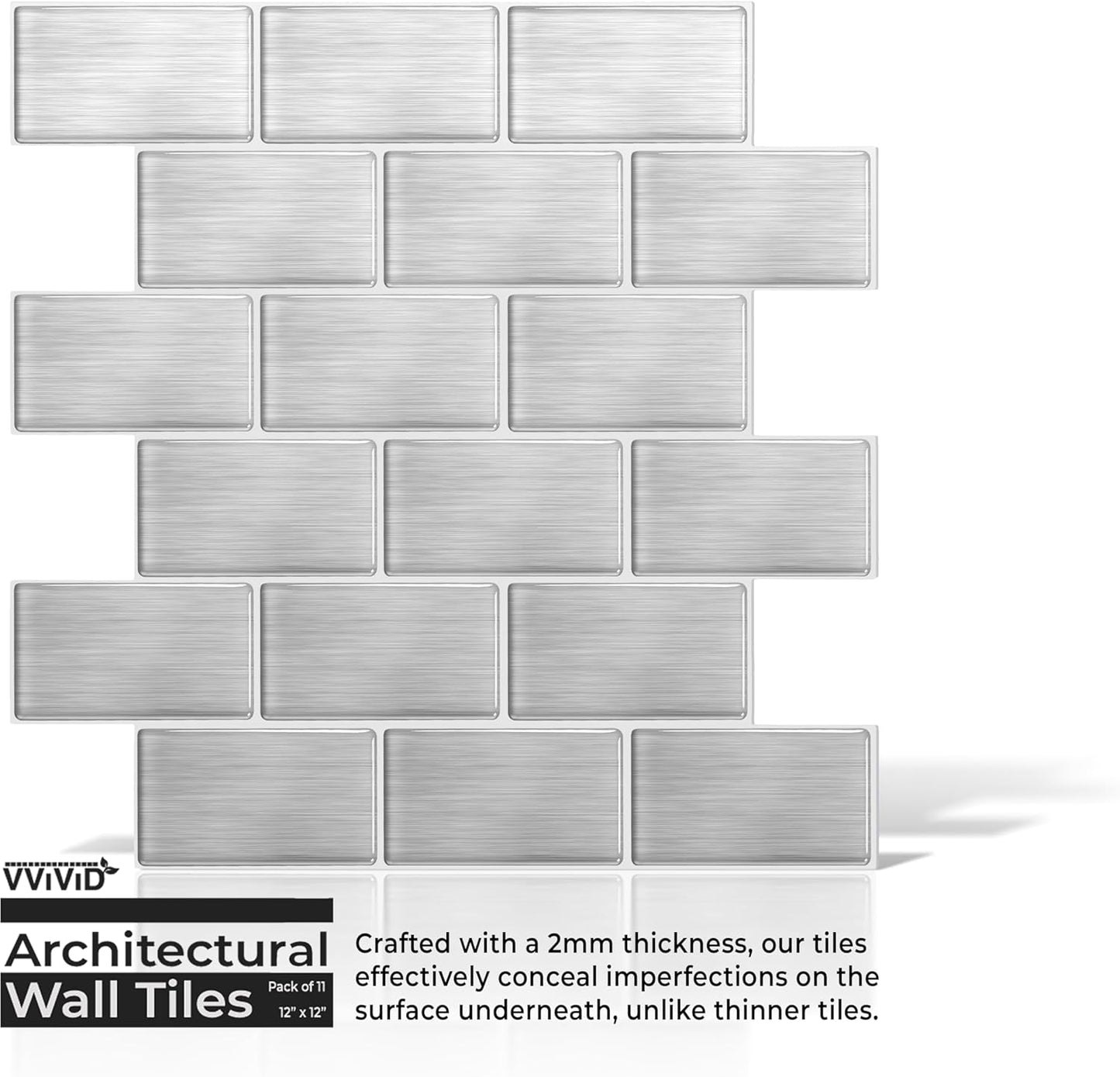 VViViD 11 Sheets Peel and Stick Grey Gloss Faux Ceramic Brick Wall Tiles, Self Adhesive Backsplash 12”x12”, 2mm Thick Kitchen, Bathroom (11 sq. ft.)