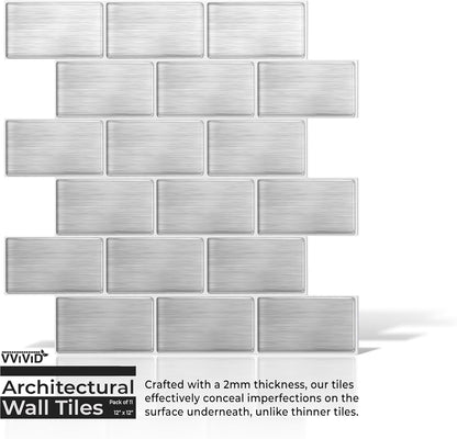VViViD 11 Sheets Peel and Stick Grey Gloss Faux Ceramic Brick Wall Tiles, Self Adhesive Backsplash 12”x12”, 2mm Thick Kitchen, Bathroom (11 sq. ft.)