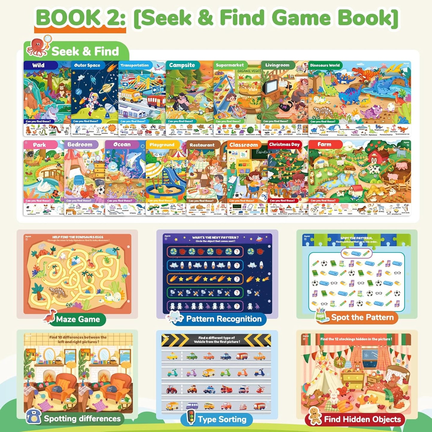 JoyCat Seek & Find Game Books - Preschool Learning Activity for Toddlers & Kids Ages 3-5, Travel Activities Toys for Road Trip Car Airplane, Busy Book, Birthday Gifts for Girls and Boys Ages 4-8