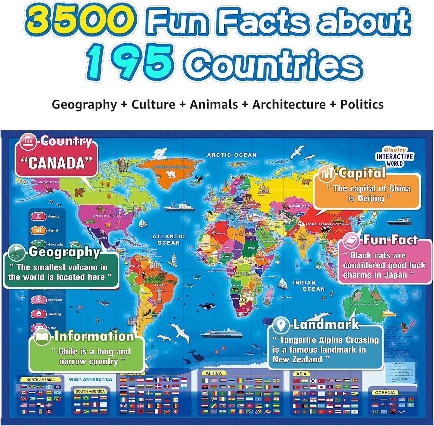 Qiaojoy Bilingual Interactive World Map for Kids Learning and Educational Toys, Talking Electronic Kids World Map i-Poster Geography Games Ages 3 to 12 Years Old, Custom Talking Birthday Gifts Card