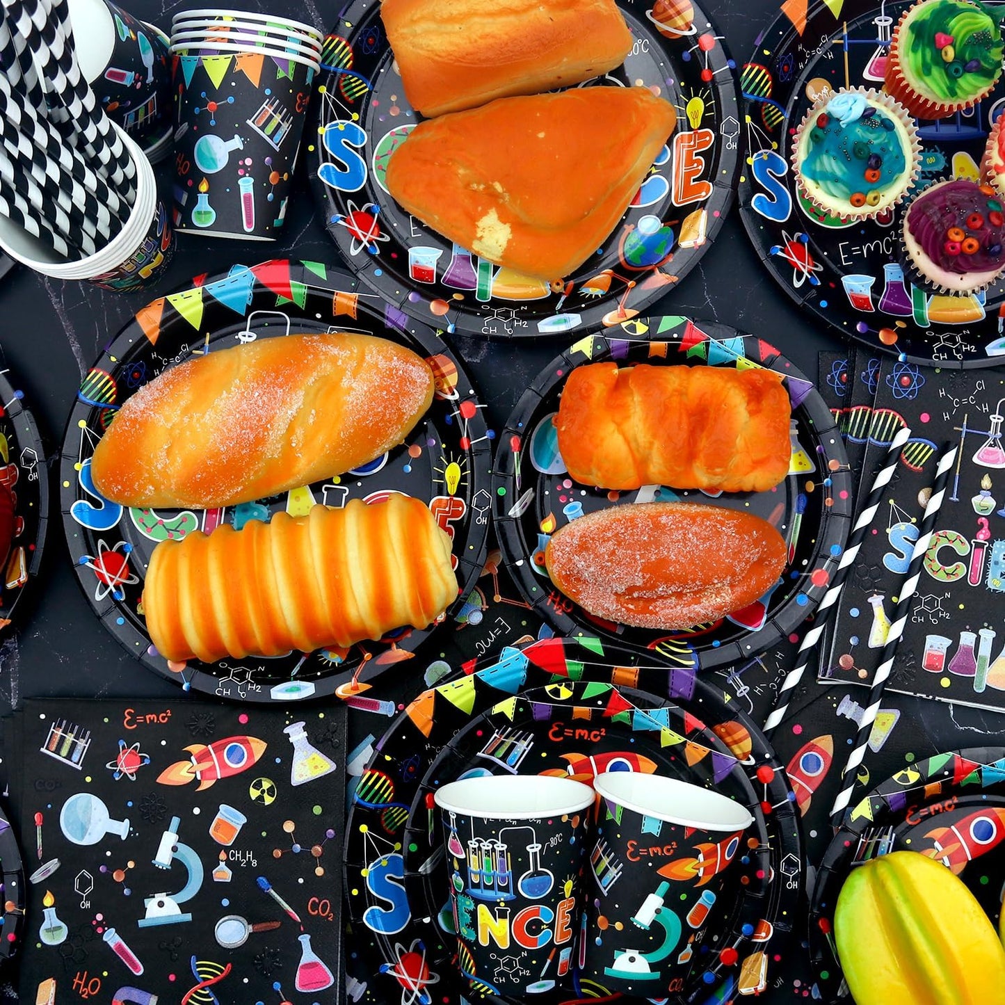 Science Party Supplies, Includes Plates, Tablecloth, Cups, Straws, for Boy Girl Scientist Lab Decoration Serves 20 Guests