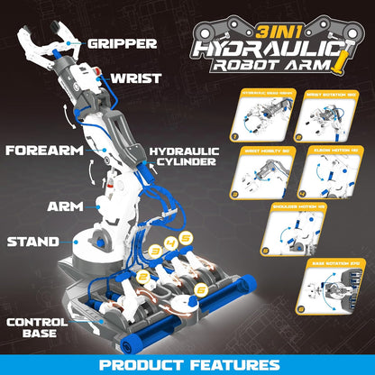 SMIESSKIDDO 3 in 1 Hydraulic Robot Arm - 220 Pcs STEM Building Toys with 4-Jaw Grab, Suction & Tongs for Kids 8-12 | No Batteries Needed Engineering Gift for Boys & Girls Ages 9 10 11 - Yellow