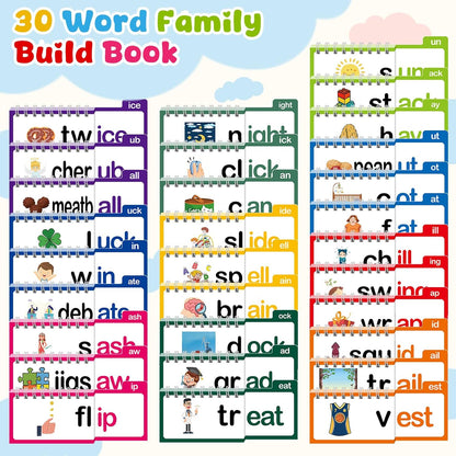 Word Family Build Book, 30 Read and Rhyme Flip Activity Book, ABC Vocabulary Flash Cards CVC Words Reading Games for Kids Ages 3-8 Preschool Learning Activities Families Educational Games