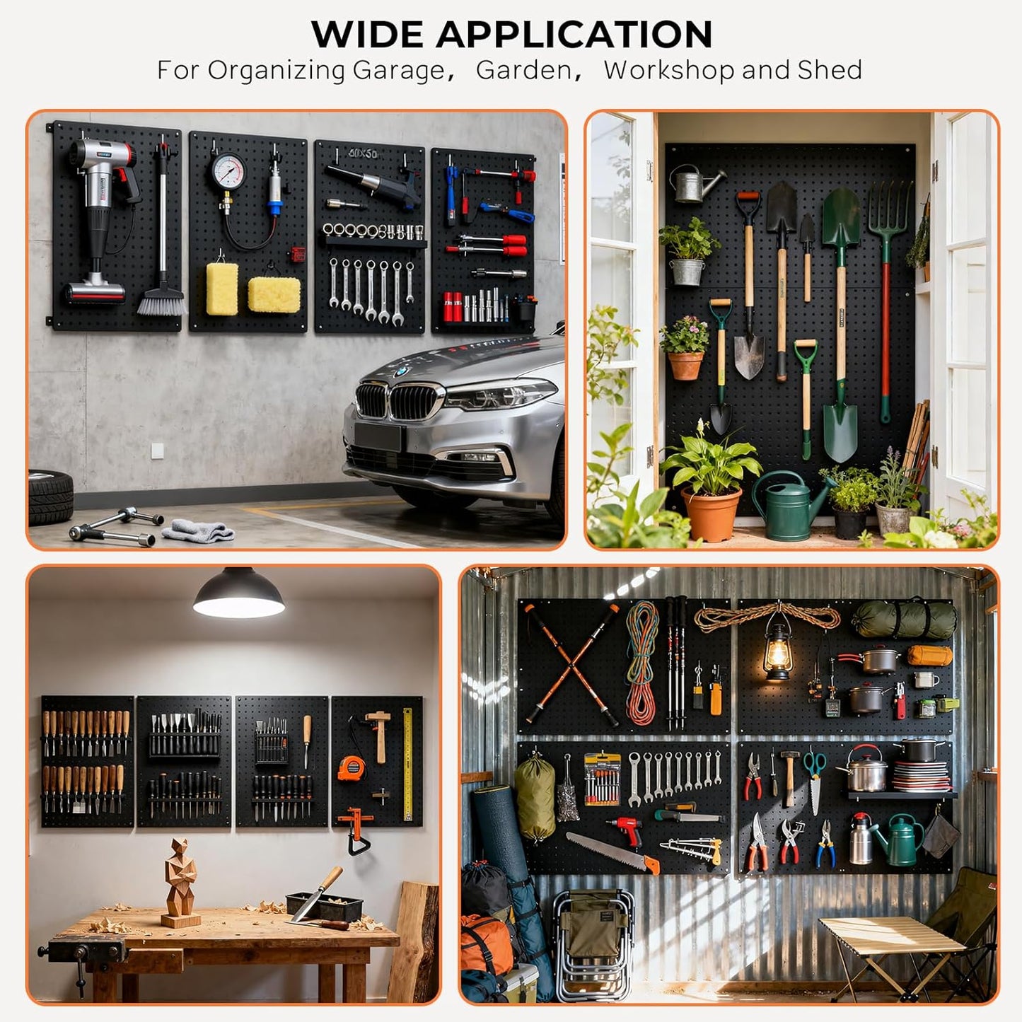 INCLY 70PCS Pegboard Wall Organizer, 4PCS Metal Peg Board Panels with 66PCS 1/4" Pegboard Hooks Accessories Kit, Black Peg Board for Walls Home, Garage Tool Storage, Workbench Organization