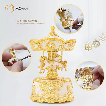 Carousel Music Box Gold & Ivory Christmas Snow Globes, 8.3" Rotate Carousel Snow Globe for Kids & Adults, Classic Wind up Musical Snow Globe Birthday Gifts for Women Girls, Carousel Horse Home Decor