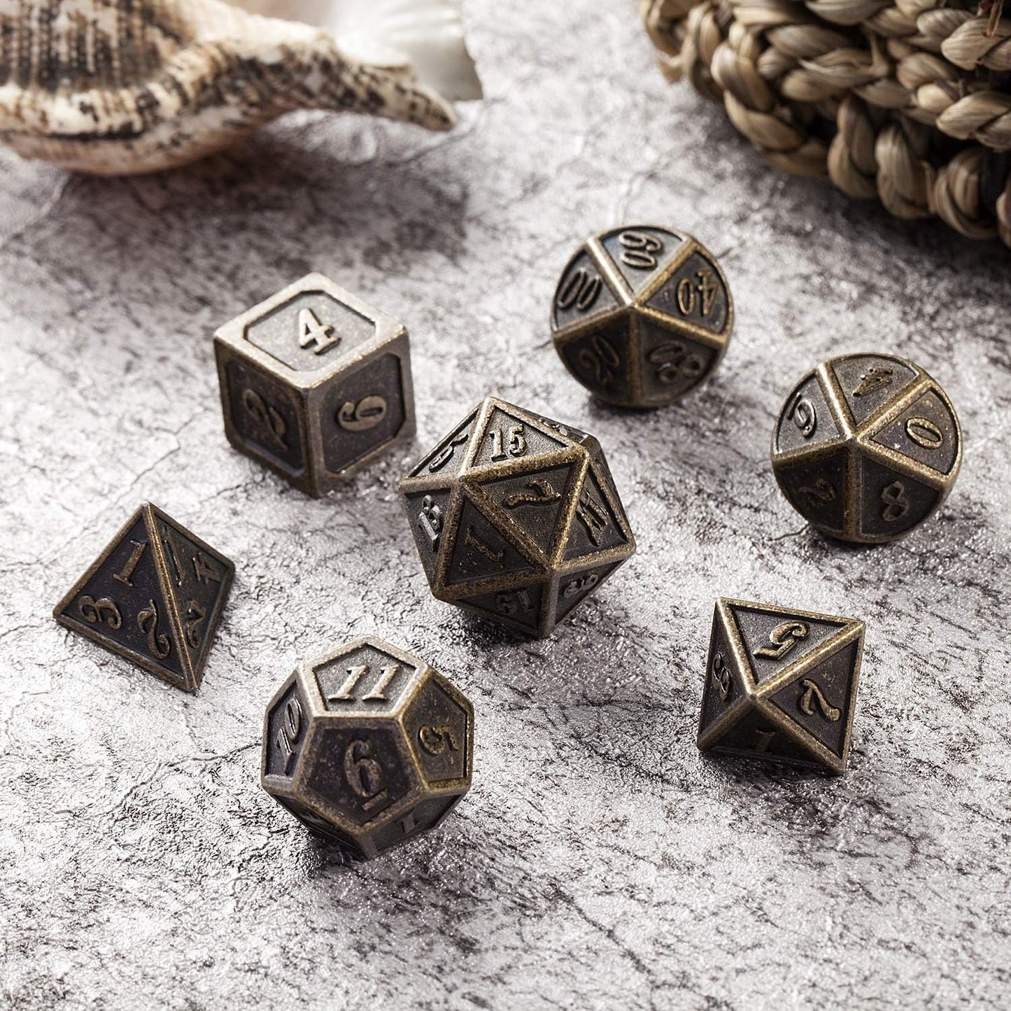 DnDnD Heavy Polyhedral Metal Dice Set with Metal Box, 7-die Shiny Blue Surface with Golden Number for RPG,Dungeons and Dragons,Pathfinder,Shadowrun,D&D,Role Palying Game and Math Teaching - Colors A