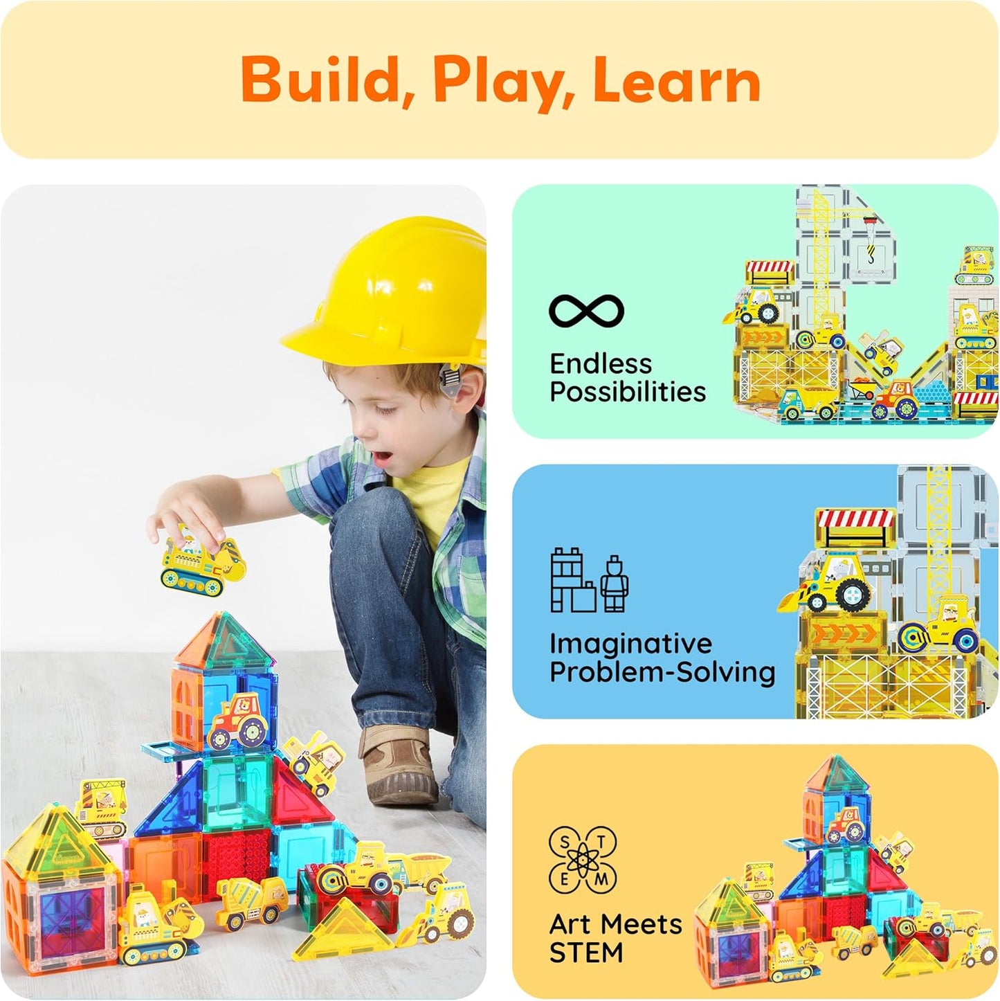 PicassoTiles Magnetic Tile Building Blocks Add On 8 Magnetized Action Figures Construction Vehicles & Zoo Animal Theme Compatible with Magnet Tiles Sets STEM Learning Toy for Boys & Girls Age 3+ PTA21