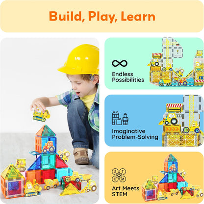 PicassoTiles Magnetic Tile Building Blocks Add On 8 Magnetized Action Figures Construction Vehicles & Zoo Animal Theme Compatible with Magnet Tiles Sets STEM Learning Toy for Boys & Girls Age 3+ PTA21