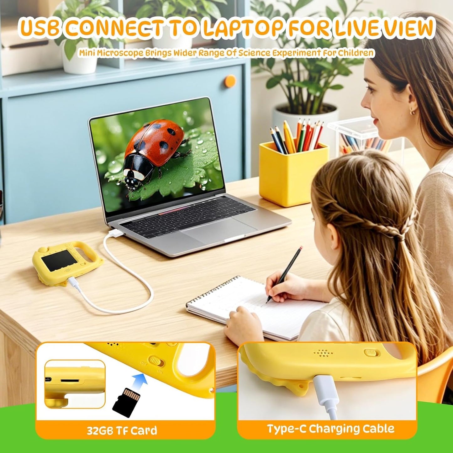 2 in 1 Kids Microscope & Camera, 1080p Hd Autofocus Digital Microscope, 48mp 1000x Magnification Handheld, Stem Educational Toy with 32gb Sd Card, Birthday for 3-12 Boys Girls (Yellow)