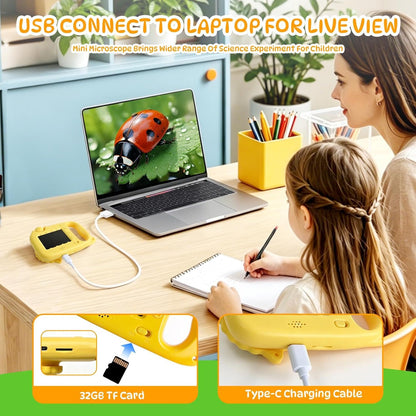 2 in 1 Kids Microscope & Camera, 1080p Hd Autofocus Digital Microscope, 48mp 1000x Magnification Handheld, Stem Educational Toy with 32gb Sd Card, Birthday for 3-12 Boys Girls (Yellow)