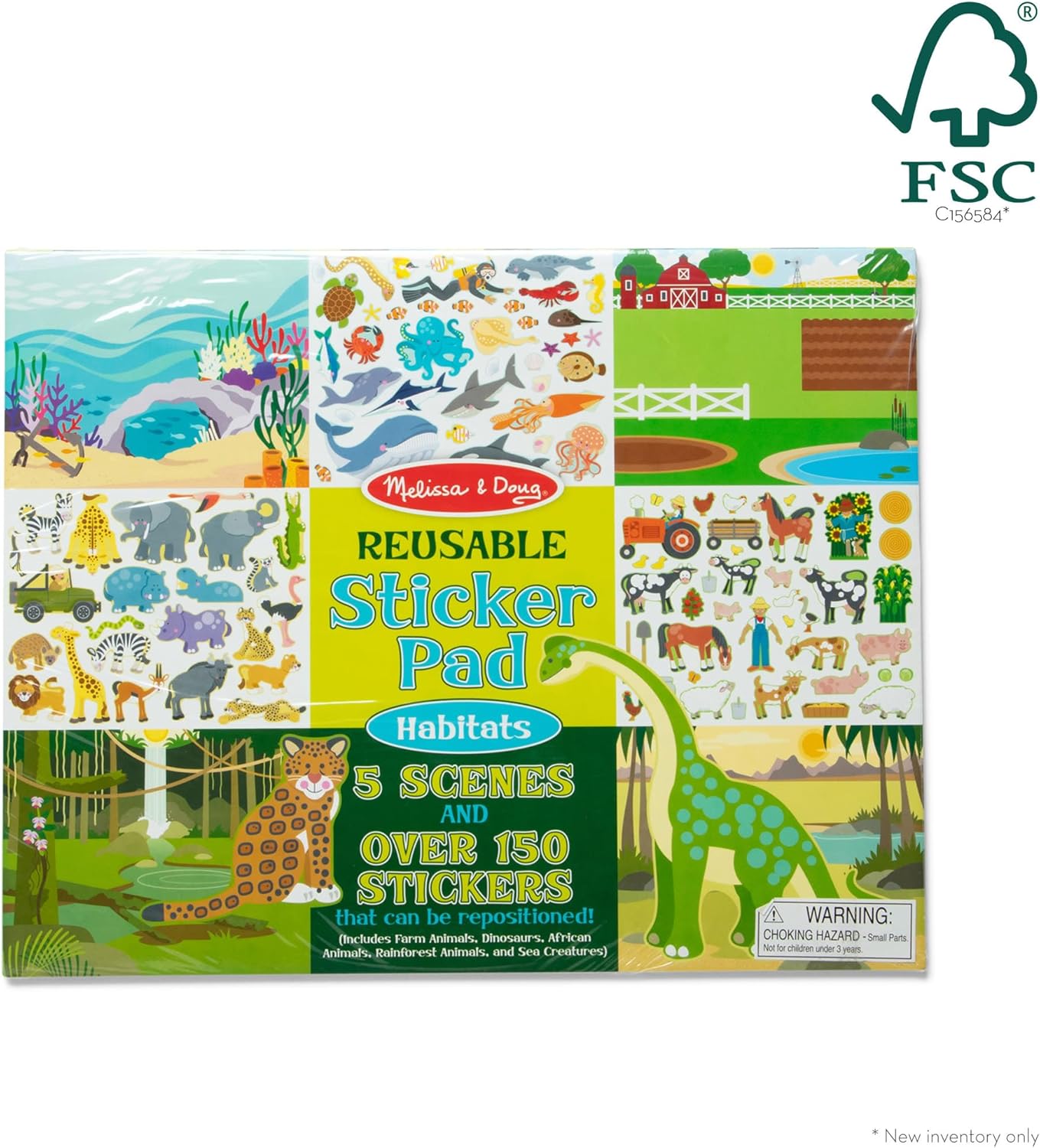 Melissa & Doug Reusable Sticker Pad: Habitats - 150+ Stickers Kids Animal Activities, Restickable Animals Sticker Book, Animal Habitats Removable Stickers for Kids Ages 4+ - FSC-Certified Materials