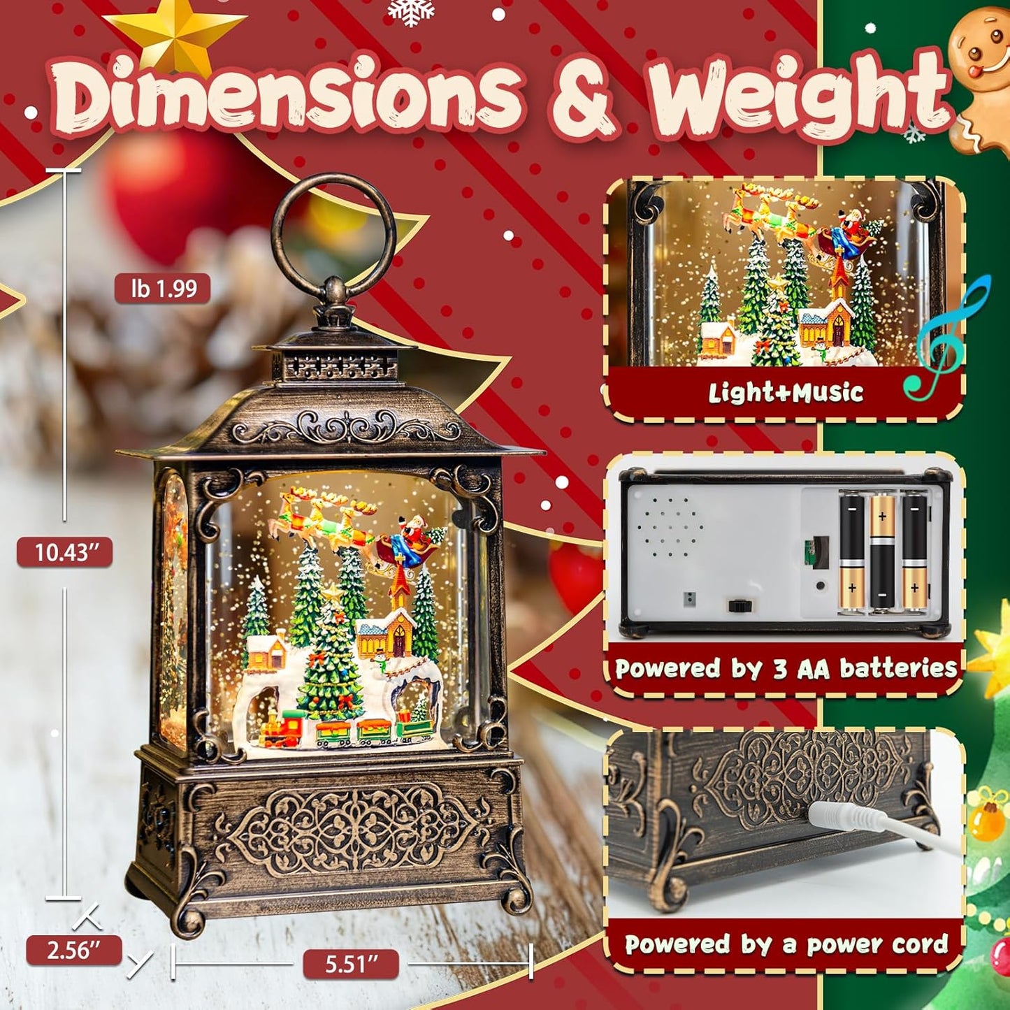 Christmas Snow Globes Lantern, Church and Christmas Tree Christmas Decorations Indoor, 6H Timer Battery & USB Powered Light Up Musical Snow Globes for Kids Women Adults Gift Thanksgiving Home Decor