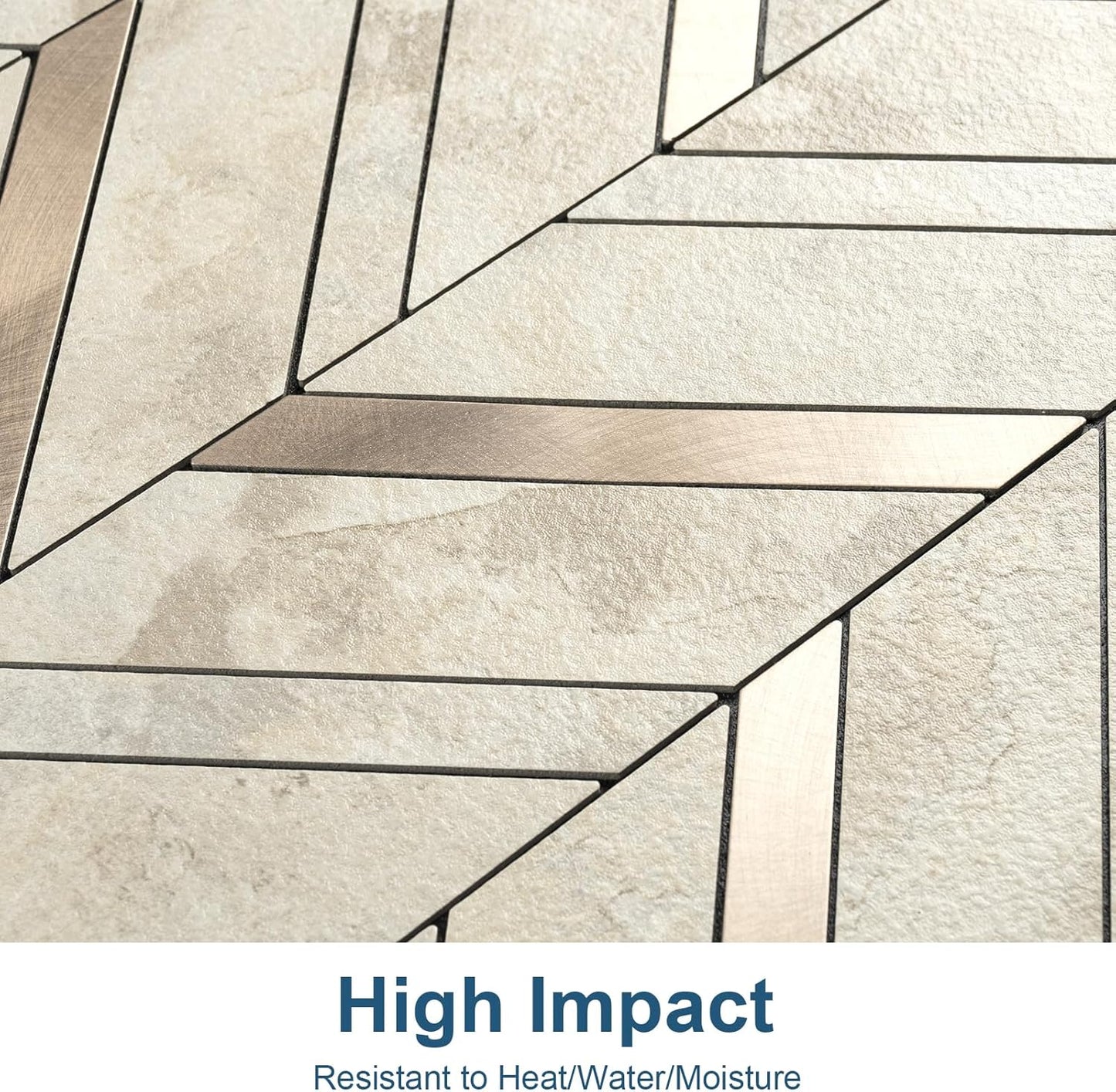 Yipscazo 10 Sheets Herringbone Backsplash Peel and Stick Tile, Marble Calacata Mixed Metal Gold PVC Stick on Backsplash for Kitchen, Waterproof Self Adhesive Wall Tile for Bathroom