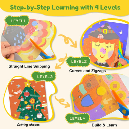 Toddler Scissor Skills Activity Book, 4 Progressive Levels to Learn Cutting for Kids Ages 3-6, 31 Fun Crafts with Child-Safe Scissors, Develop Fine Motor Skills, Ideal Christmas Gift & Arts and Crafts