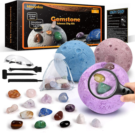 Gemstones Dig Kit, Science Kit for Kids, Dig up 15 Real Gems & Explore Solar System, STEM Educational Mining Space Toys, Archaeology Geology Science Experiments Gift for Boys&Girls Age 6-8-12