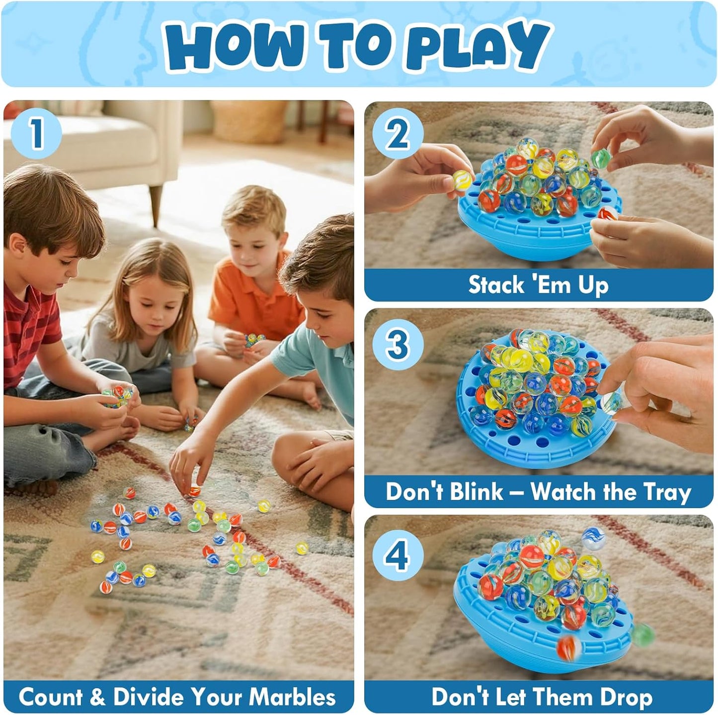 Marble Balance Game, Wobble Marble Stacking Game for Kids 6+, Family Games for Kids and Adults with Built-in Storage, Marbles Board Game for 1-4 Players, Fun Birthday Party Games Toys
