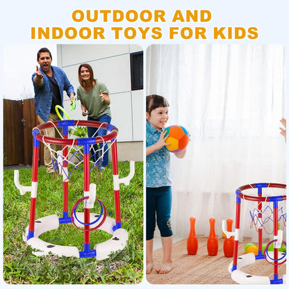 Taotuo Red Floating Pool Basketball Hoop, 2-in-1 Basketball & Ring Toss Game with 4 Balls, 6 Rings&Pump, Summer Pool Toys Outdoor Water Fun Family Party for Age 3-12