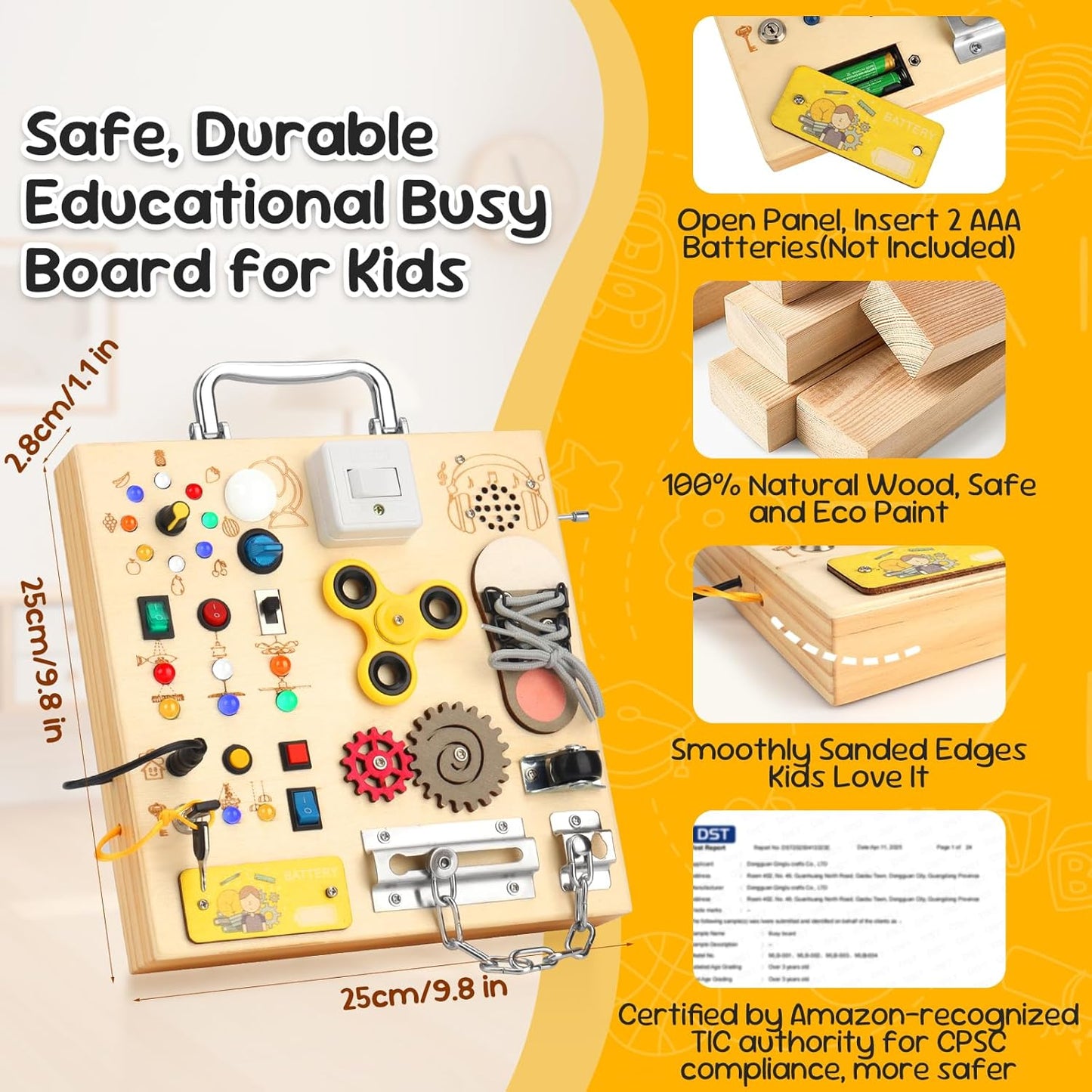 Wooden Busy Board with LED Light，Montessori Baby Learning Toys for Toddlers , Sensory Activity Board , Travel Educational Toy Boy & Girl Birthday Gift (Black Handle)