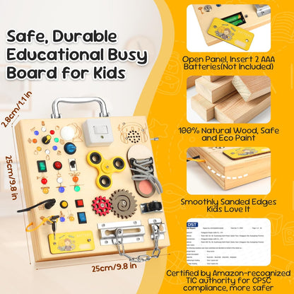 Wooden Busy Board with LED Light，Montessori Baby Learning Toys for Toddlers , Sensory Activity Board , Travel Educational Toy Boy & Girl Birthday Gift (Black Handle)