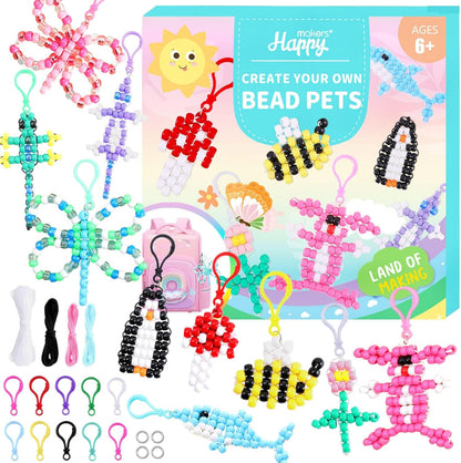 Happy makers Beads for Crafts, 12 Designs Pony Beads Keychain Making Kit with Letter Beads, Bead Pets Art Crafts,Includes Instructions, Cording, Keychains & Bags,Stickers DIY Craft Kits for Beginners