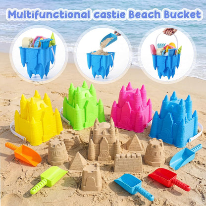 Realspring 4 Pcs Sand Castle Building Kit, 4 Sandbox Castle Molds Beach Buckets and 4 Sand Shovels Tools for Kids Summer Gift Beach Toys Toddlers Sandcastle Building Kit